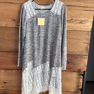 NWT!  A'reve long sweater (dress)  Gray w/ Lace Trim ~ Size Small